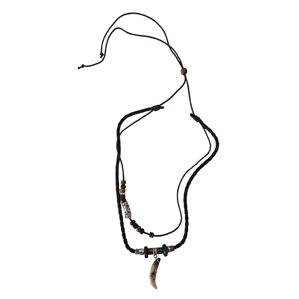 Boho Layered Cord Necklace Faux Tooth Pendant Braided Brown Tribal Beaded